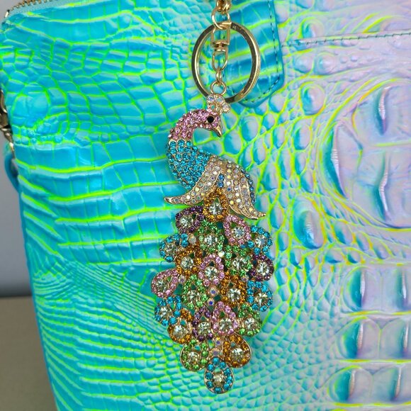Colorful Peacock Crystal Rhinestone Gold Tone Metal Purse Charm and Key ring - Picture 1 of 9